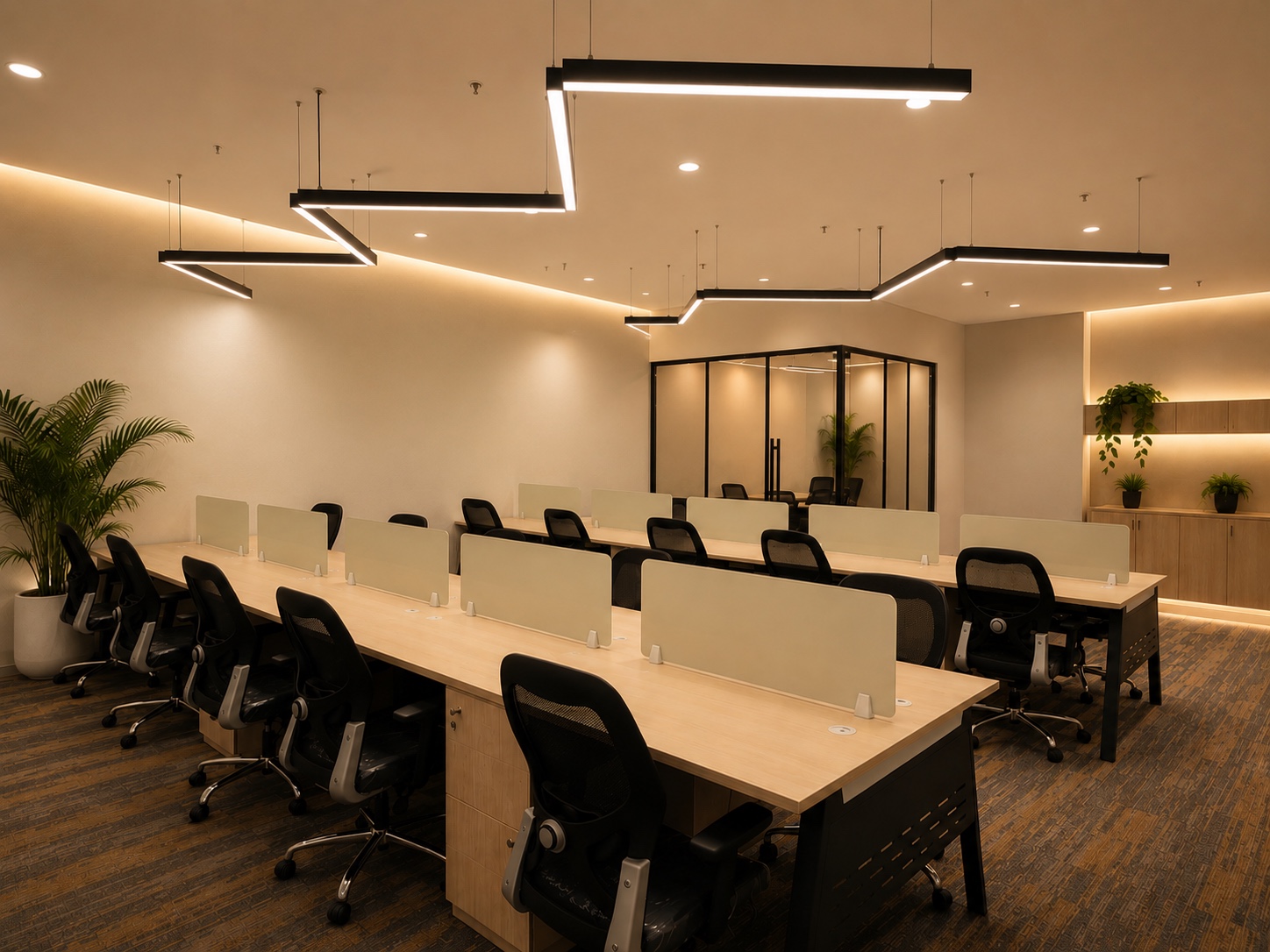 Coworking floor with open desks at Qaarya